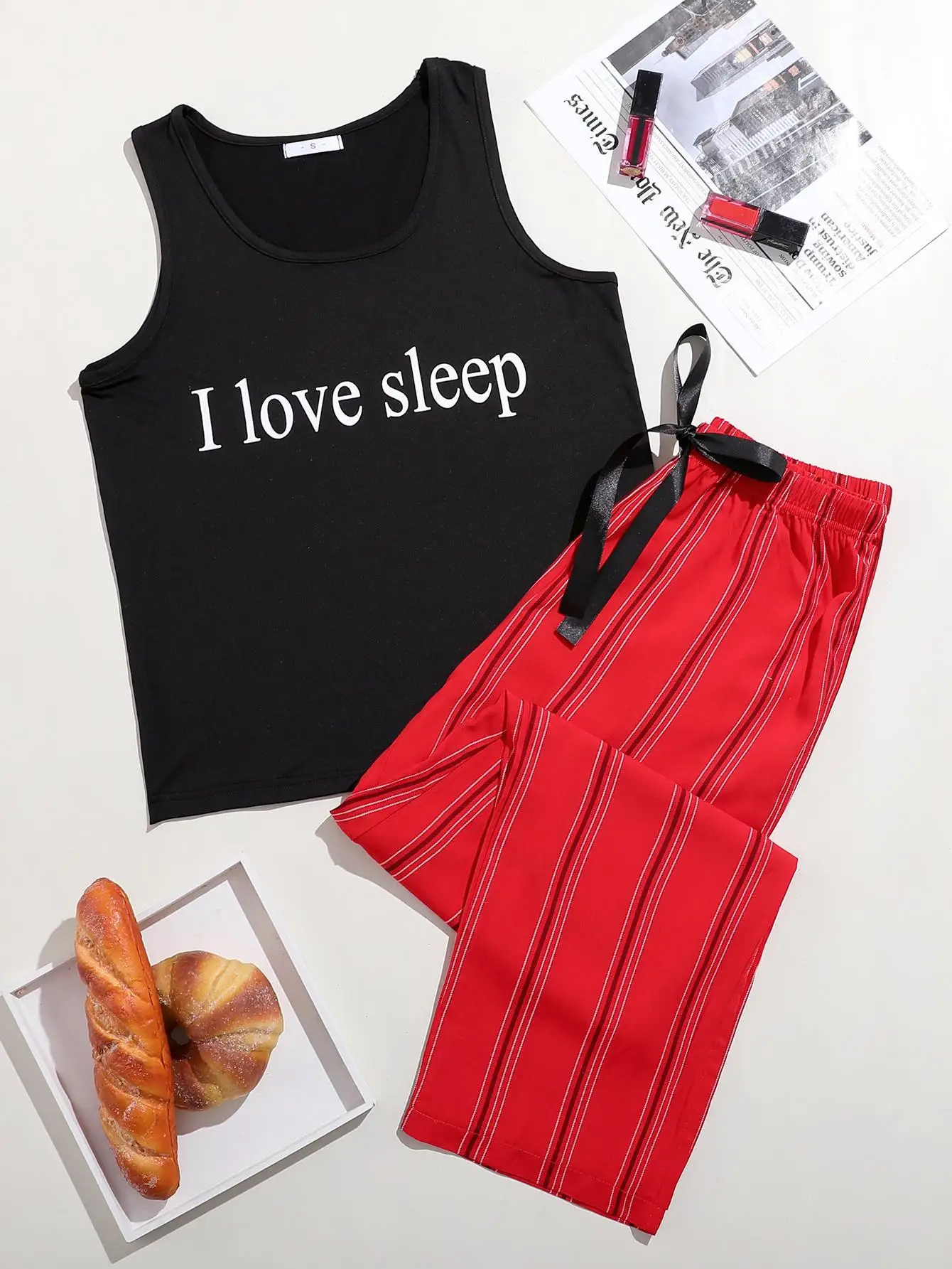 

Pajamas for Women Sleeveless Tank Tops Red Stripe Full Pants I love Sleep Printing Pyjamas Set Home Sleepwear Casual Pijamas