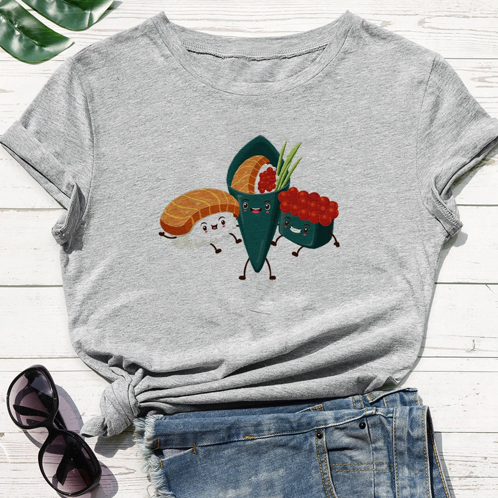 

Modern Girl New T shirt Women Cartoon Sushi Graphic Cute Printing Gorgeous T shirt Hot Sell O-Neck Plus Size White Grey Tshirt