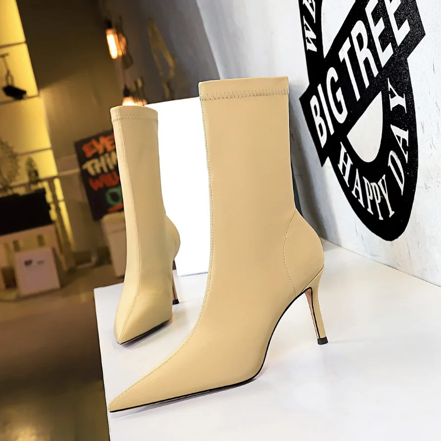 

BIGTREE Shoes 2022 New Stretch Boots Autumn Shoes Pointed Toe High-heel Boots Stiletto Ankle Boots 3 Colour Female Short Boots