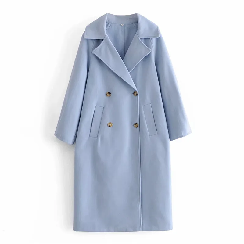 

Vogue women stylish double breasted long sleeve za loose blue coat feamale fashion turndown collar long outwear jacket oversize