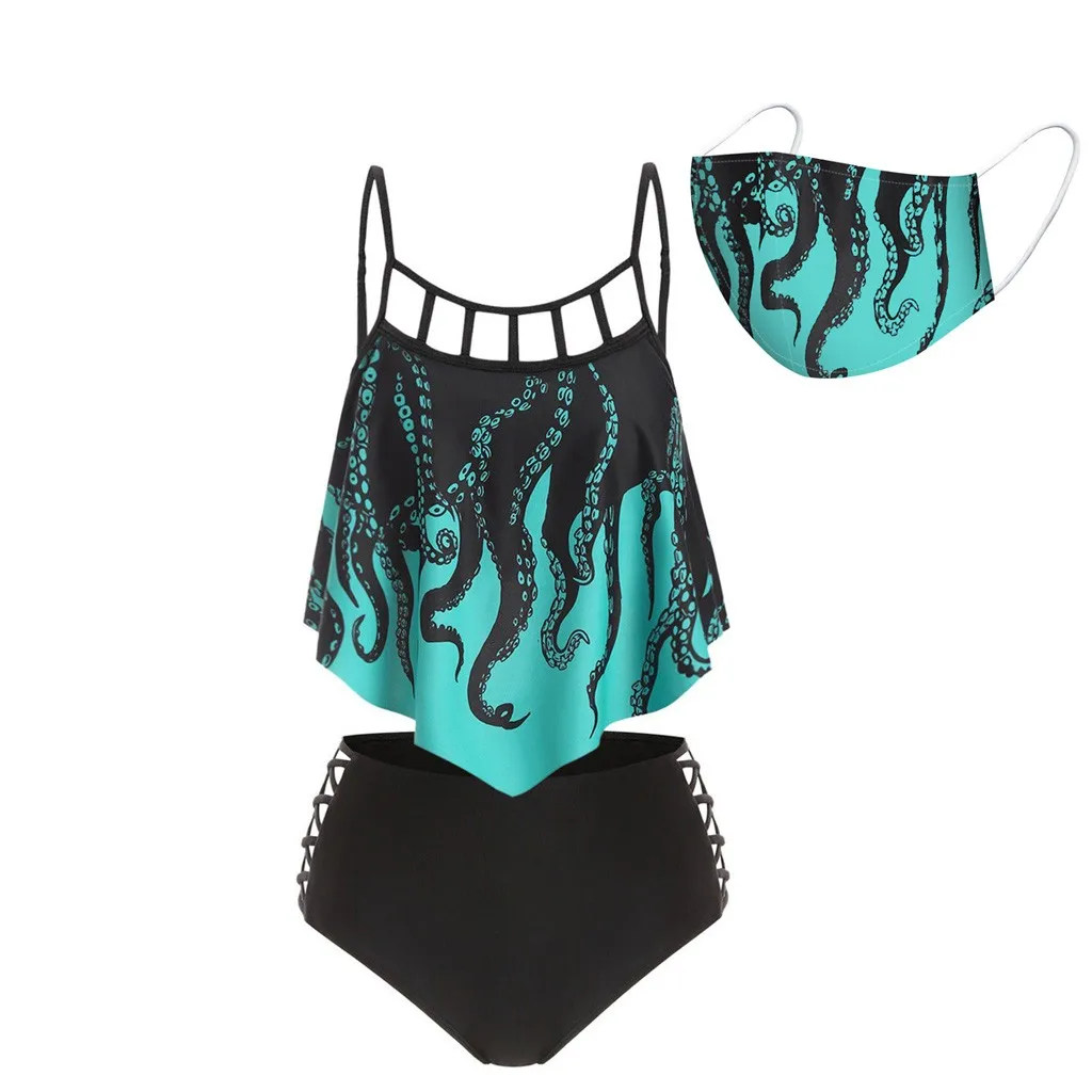 Бикини на плечах купальники с высокой талией женский купальник 2020 черное бикини