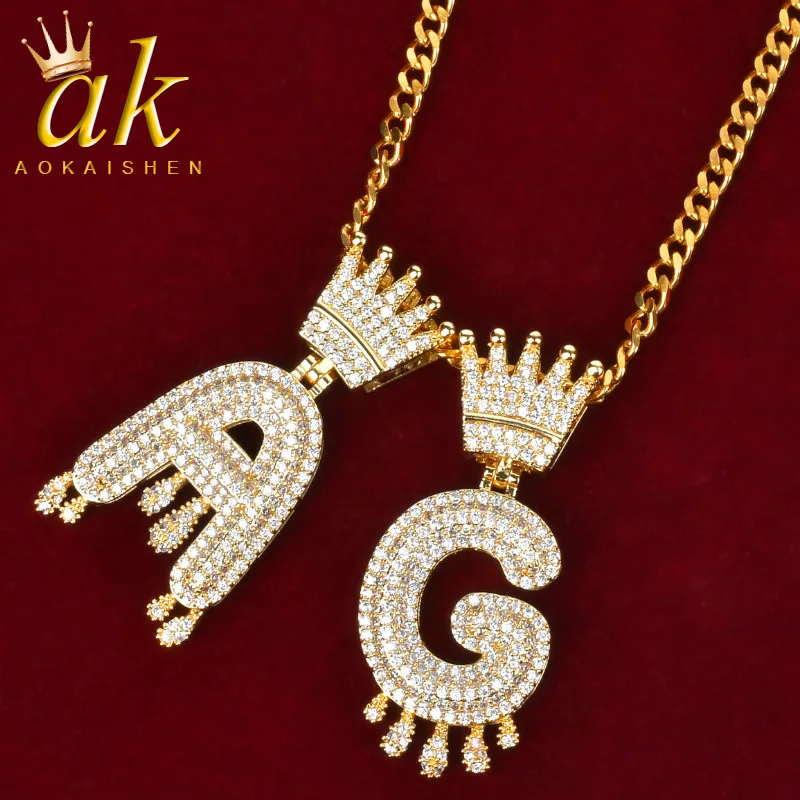 

Initial Letter Crown Drip Pendant Necklaces for Women Gold Color Cubic Zircon Hip Hop Rock Street Jewelry