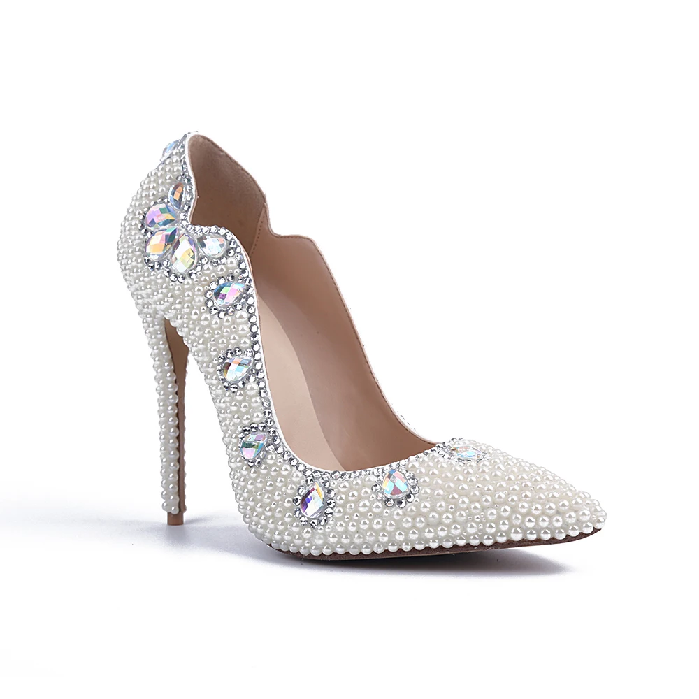 Туфли лодочки женские из натуральной кожи с жемчугом и кристаллами|Женские