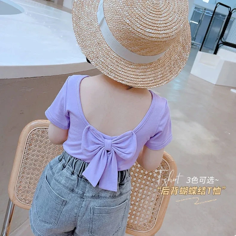 

Girls Summer T-shirt 2021 Summer New Baby Korean Style Bow Bottoming T Shirt Children's Thin Slim Short-sleeved Top Tees 2-7Y