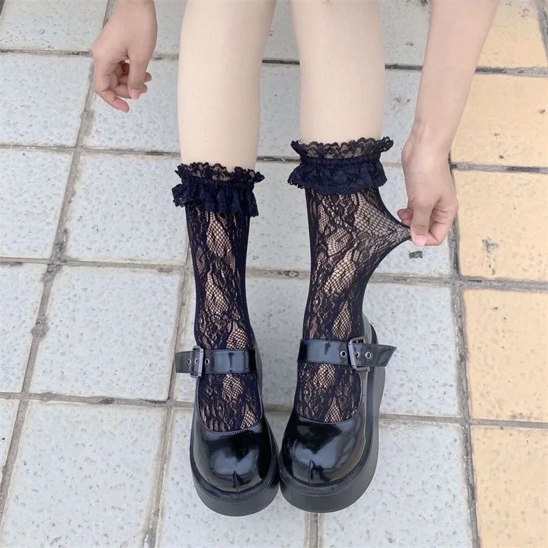 

Женские кружевные сетчатые черные белые хлопковые носки в стиле Лолиты, милые короткие носки принцессы в японском стиле Харадзюку с оборка...