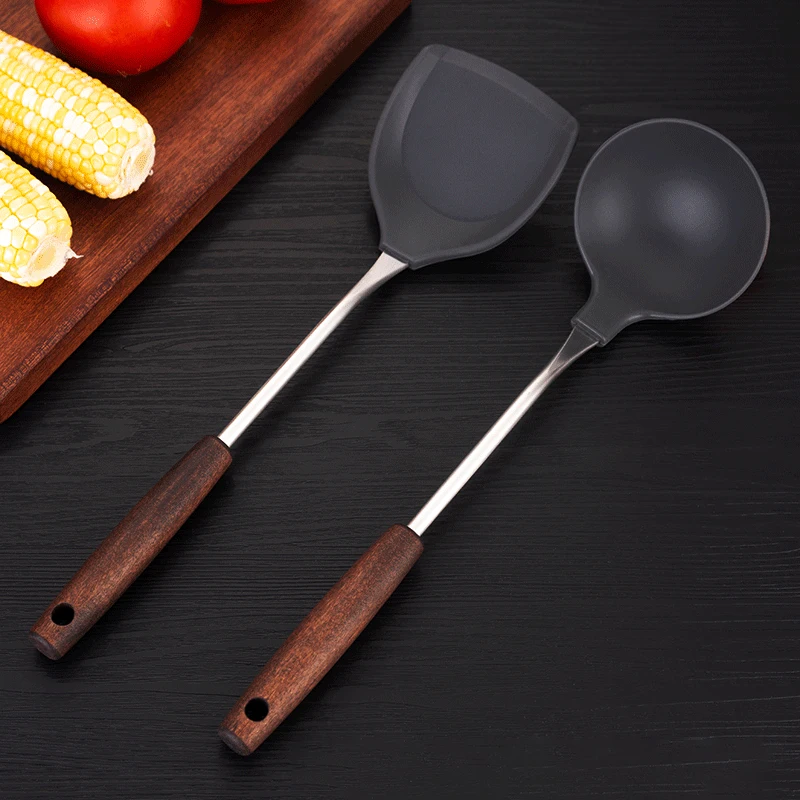 

2Pcs Silicone Kitchen Cooking Utensils Set Stainless + Wooden Handle Wok Spatula Soup Spoon For Kitchen Cooking Tools