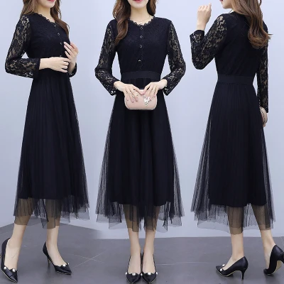 

Autumn New Lady Casual Fashion Slim Women's Dresses V-neck Dress Long Sleeve Solid Color Lace