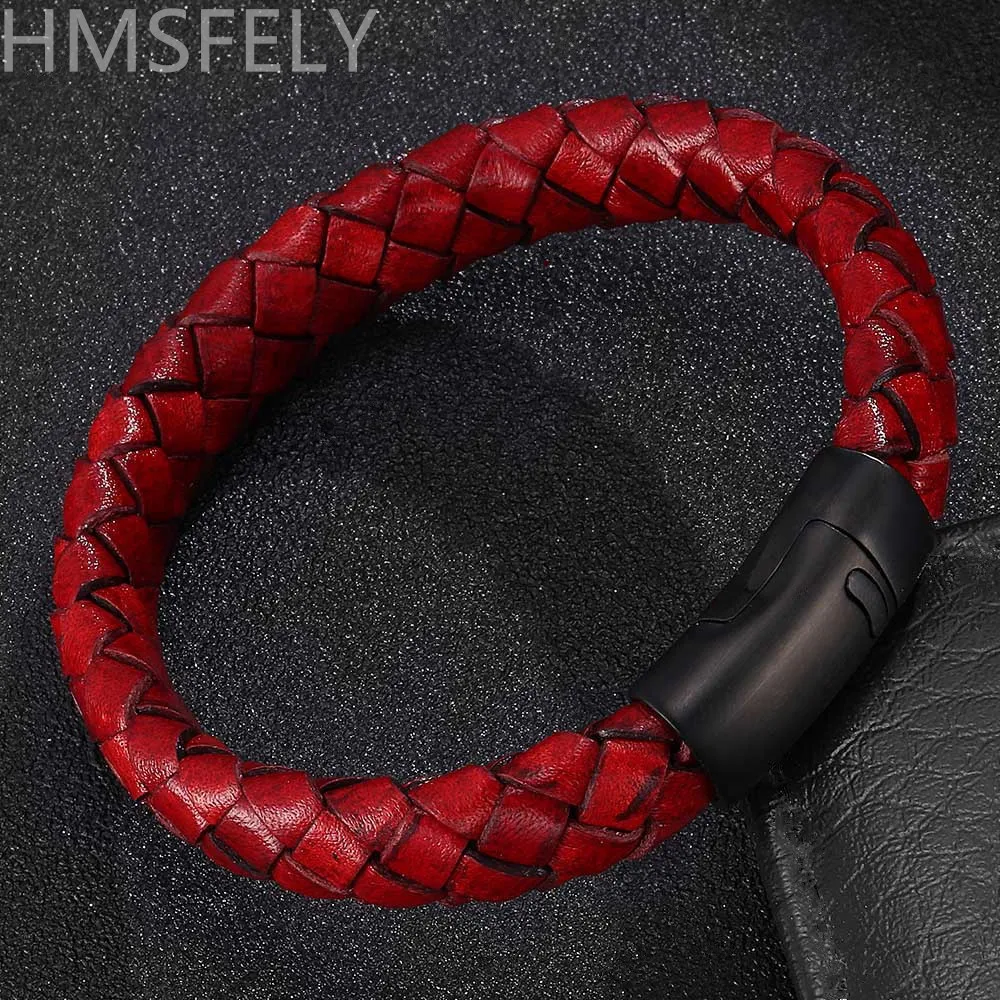 

HMSFELY Retro Red Genuine Leather Bracelet For Men Women Simple Vintage Style Braided Wide leather Magnetic Bracelets Bangles