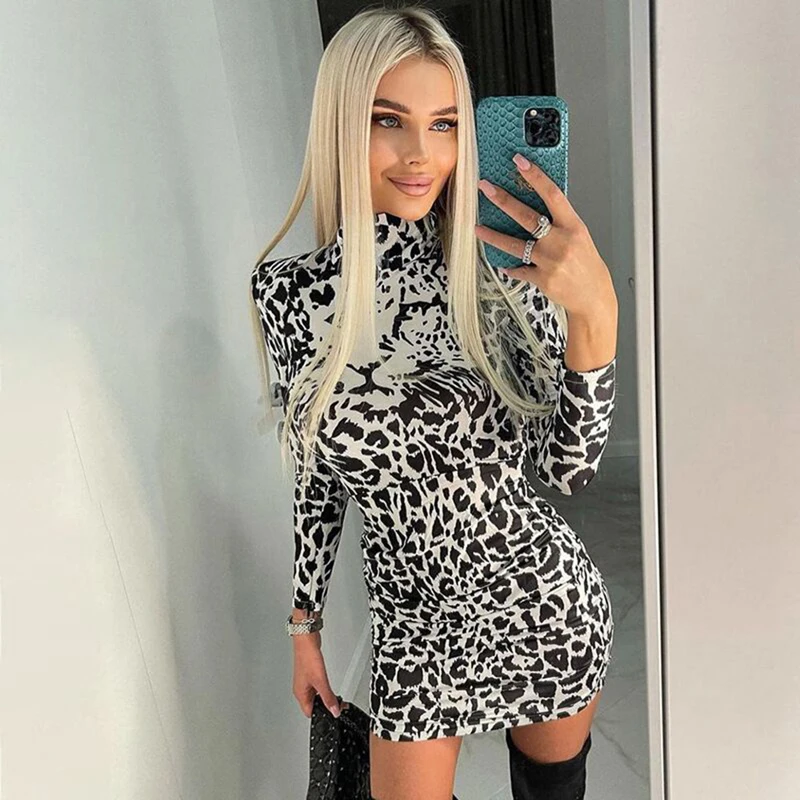

Women Dress Summer 2021 Vintage For Casual Ladies Harajuku Clothes Fall Turtleneck Leopard Shoulder Pads Long Sleeve Sexy Skirt