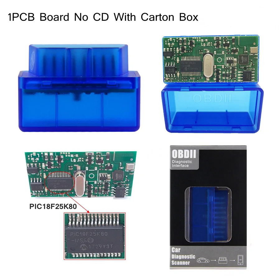 1PCB Blue Топ аппаратное обеспечение V1.5 чип PIC18F25K80 ELM327 Bluetooth V1.5 AutoCode Reader Super MINI ELM 327 работает на Android Symbian FW V1.5 - Цвет: 1PCB Blue