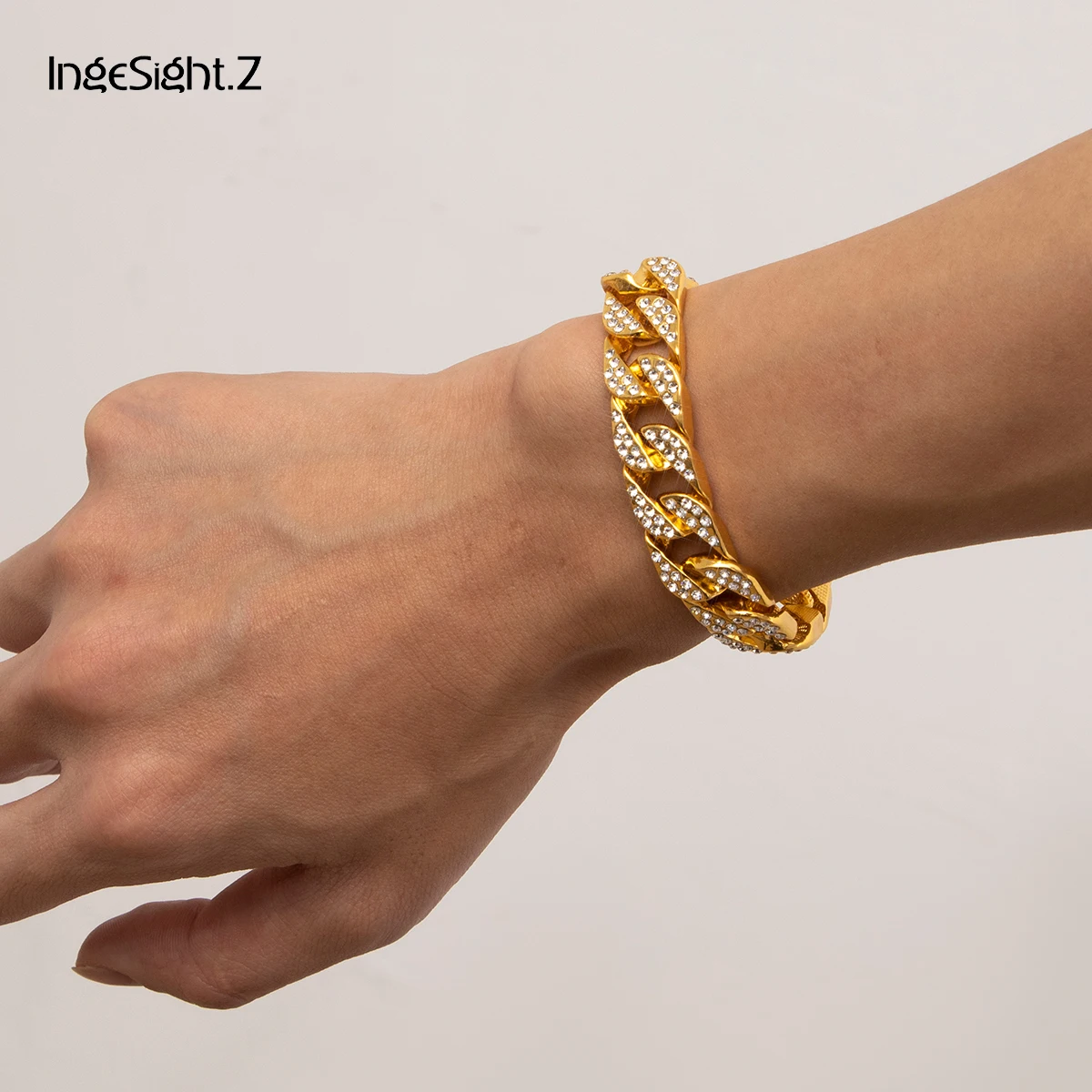 

IngeSight.Z Hip Hop Rhinestones Miami Curb Cuban Chain Bracelets Luxury Crystal Couple Bracelets Bangles for Women Men Jewelry