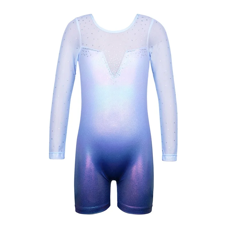 B217 SequinBlue BAOHULU/детский балетный фиолетовый трико с длинными рукавами; комбинезон для девочек; гимнастический трико; блестящий танцевальный костюм для выступлений; детские танцевальные костюмы - Цвет: B217 SequinBlue