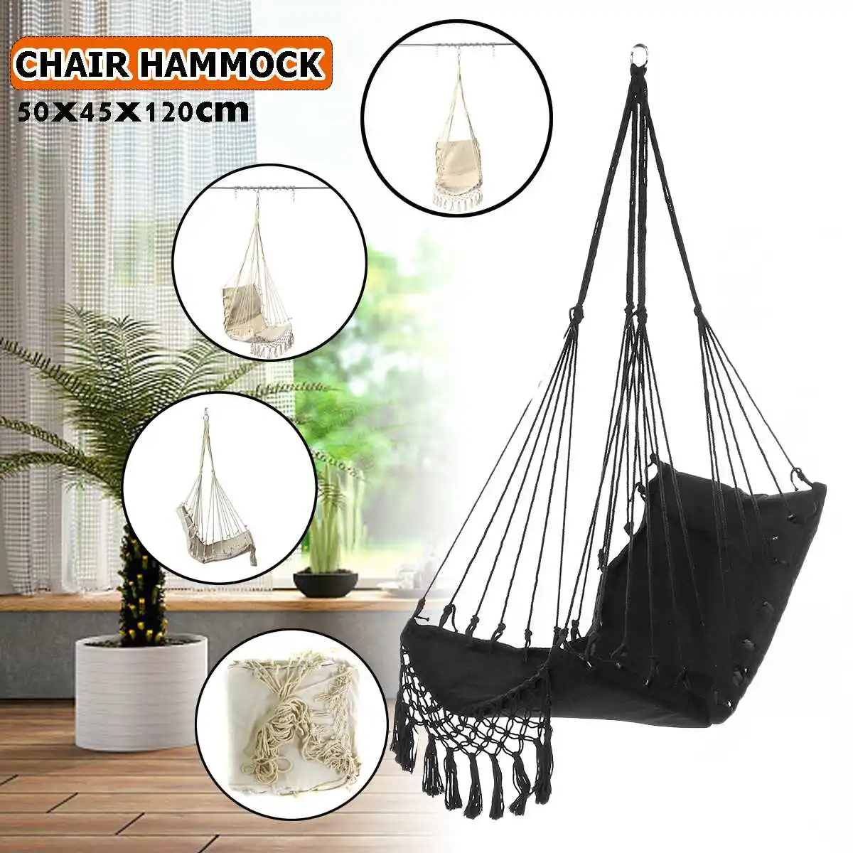 

120cm Swing Chair Hammock Hanging Canvas Bed Seat Cotton Rope Leisure Camping For Indoor Outdoor Garden