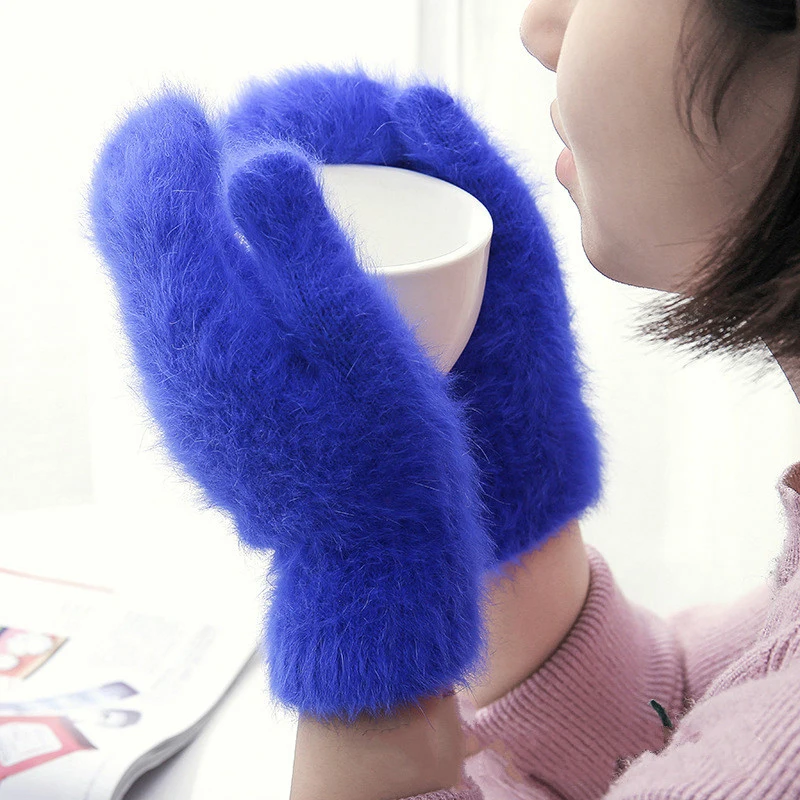

New Winter Arrival Women Soft Wool Rabbit Hair Warm Knit Gloves Fashion Lovely Warmer Girls' Candy Color Mittens Gloves