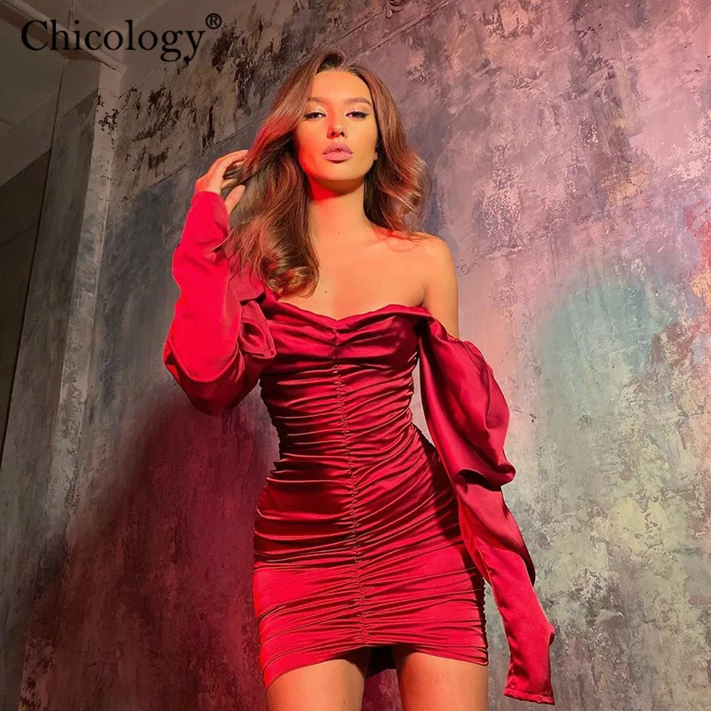 

Chicology Off Shoulder Long Sleeve Elegant Lady Mini Dress 2020 Autumn Winter Party Club Bodycon Christmas Birthday Sexy Clothes