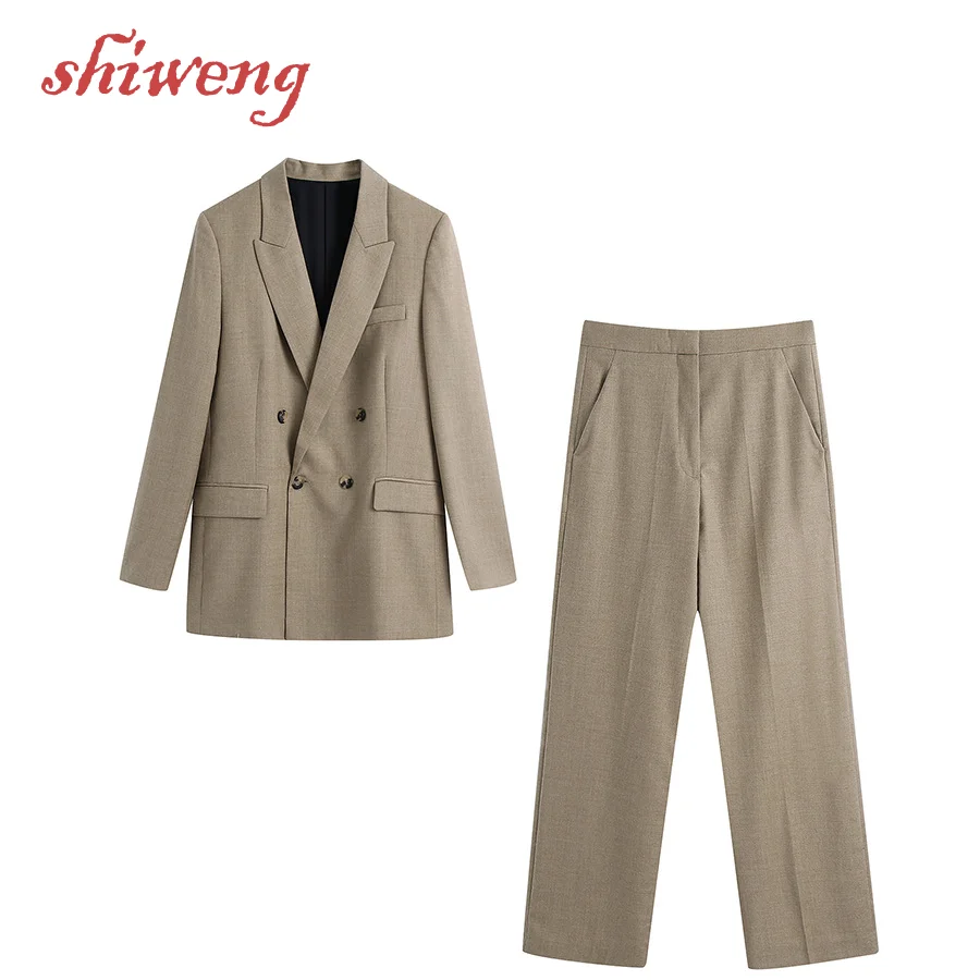 

Women European American Style Khaki Suit Collar Double-breasted Suit Jacket + High Waist Casual All-match Suit Pants Spring New