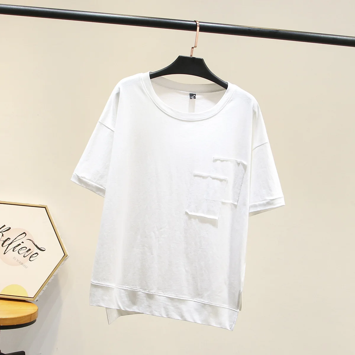 Women Summer T-shirt Lady Tees Female Solid Color Short Sleeve Tops Patch Asymmetry Hem Fashion Plus Size G2-A30 | Женская одежда