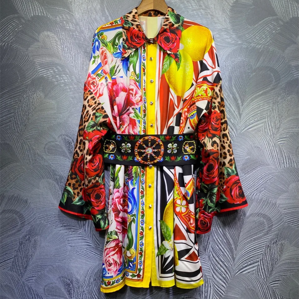 Женское платье рубашка с поясом весеннее в итальянском стиле длинным рукавом и