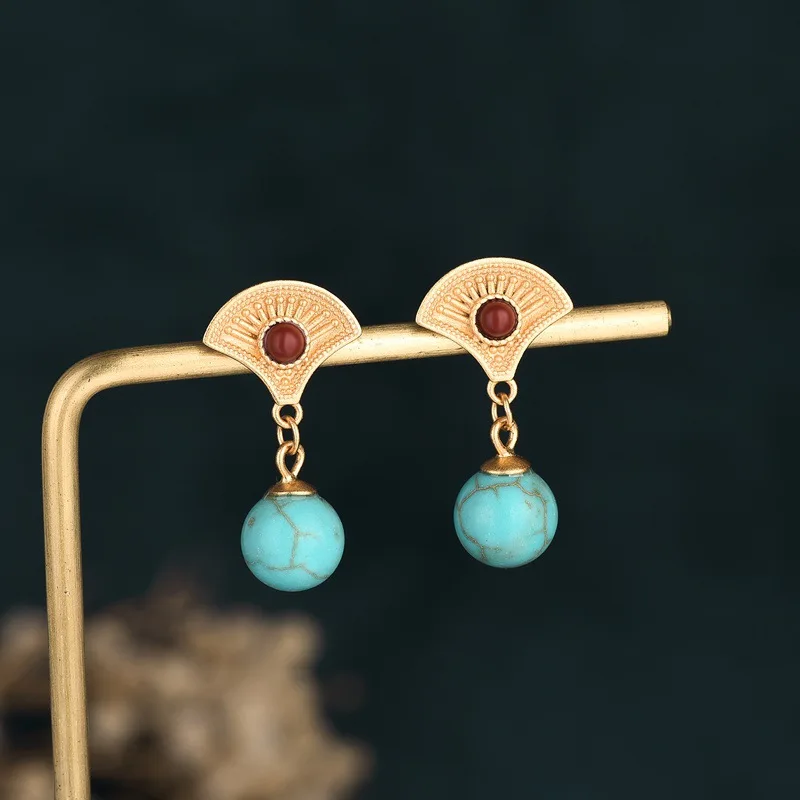

Retro Blue Stone Fan Shape Earrings for Women Elegant Palace Vintage Earrings 2022 Trend Dating Earring Animal Jewelry Friends 4