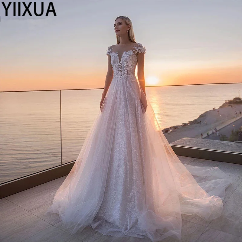 

YiXuan Pure Love Tulle Charming Long A-line Appliqued Weeding Dress Lace O-neck See Through Cap Sleeve 2021 New Fashion