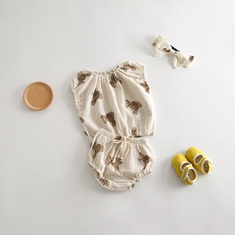 2021 Summer Baby Clothing Bear Print Toddler Girls Clothes Set Sleeveless Tee and Bloomers with Headband 3 Pcs Suits newborn | Мать и