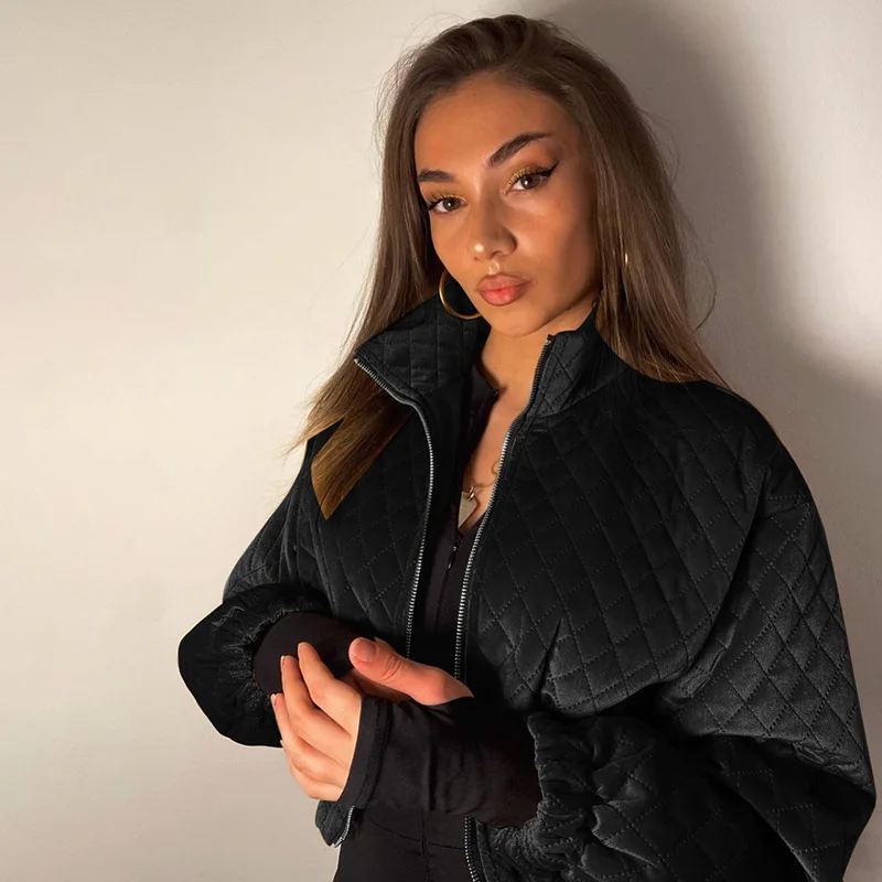 Autumn and winter new diamond Plaid stand collar zipper short jacket temperament cotton jacket women