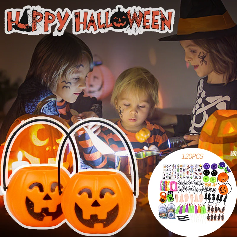 

Children's Halloween Party Toys Halloween Tricky Toy Set Ghost Festival Toy Set (120PCS) Random Color Pumpkin Bucket Witch Bug