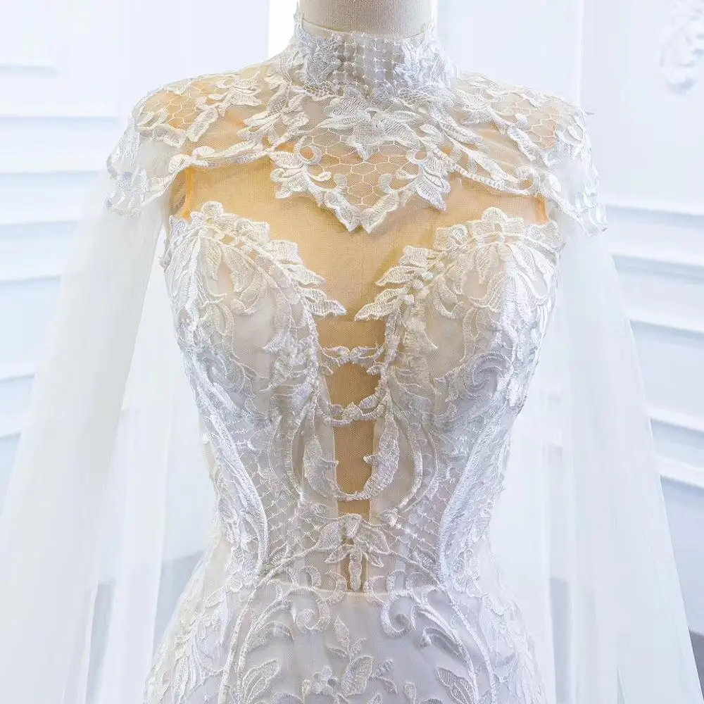 

Vintage Mermaid Wedding Dress With Wrap Unique Lace Design Wedding Gown Bridal Long Train See Through Neck Lace Up Back