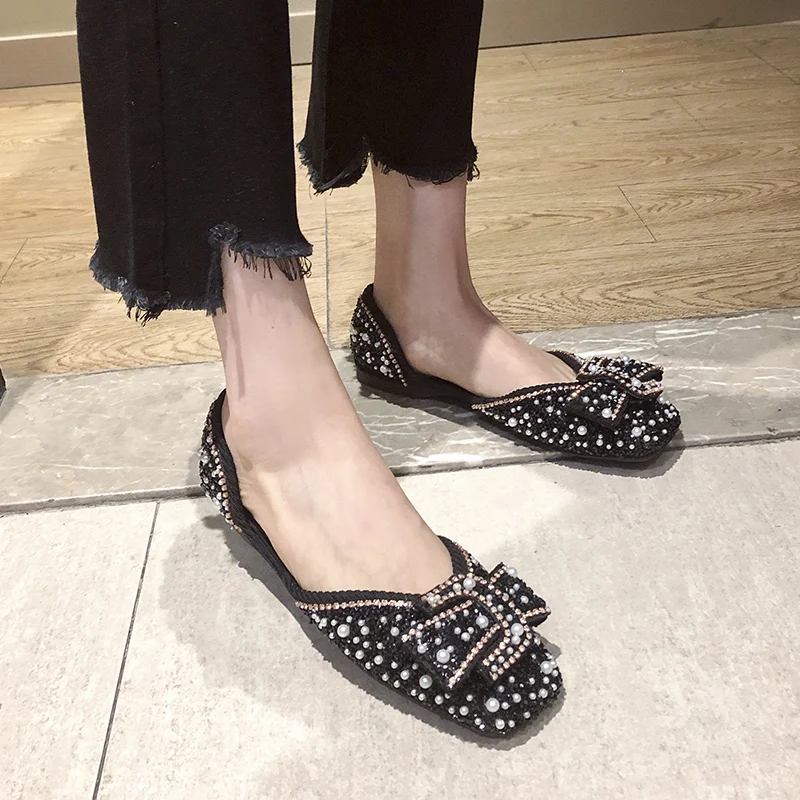 

Rimocy Luxury Rhinestones Soft Flat Shoes Women Summer Slip on Bow Shoes Woman Fashion String Bead Square Toe Loafers Mujer 2021