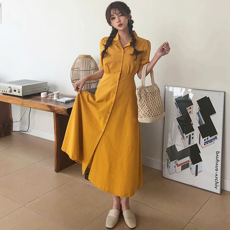

Women Long Yellow Shirt Dress Summer Autumn 2022 Runway Elegant Korean Single-breasted Dresses Vintage Casual Party Vacation