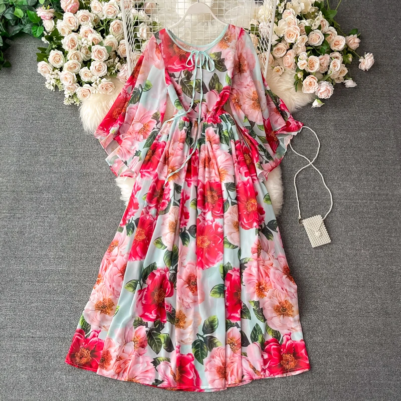 Платье женское длинное шифоновое с круглым вырезом и цветочным принтом | Женская