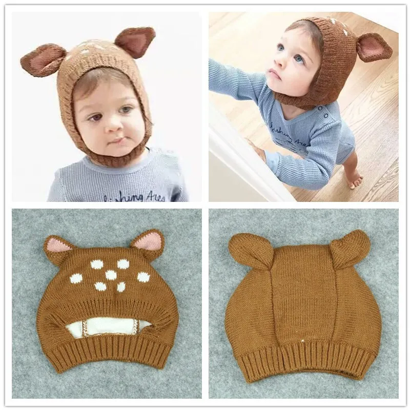 Детские шапки с оленем Sika мягкие теплые милые вязаные шерстяные шапочки кроликом