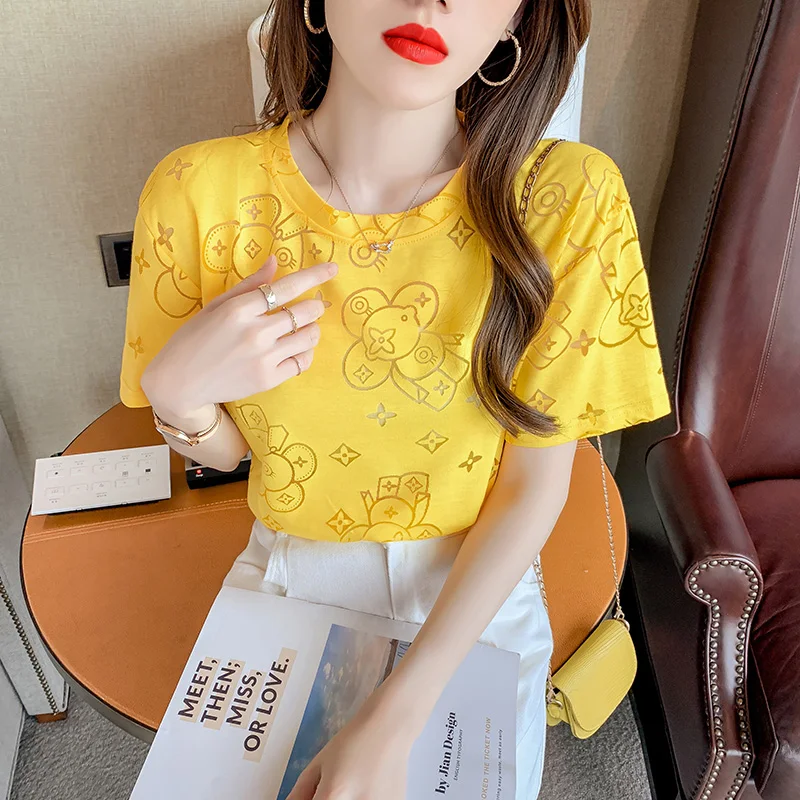 

Hot Short Sleeve T-shirt Women's New Loose 3D Hollow Print Design Round Neck Cotton Top