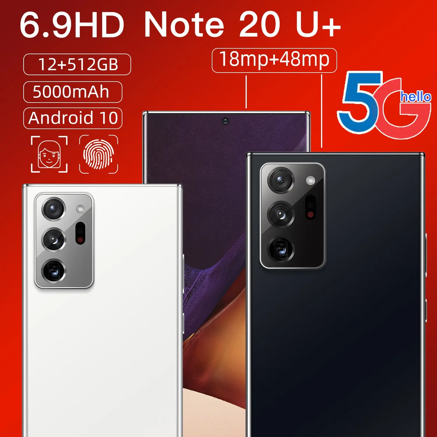 

Note20U+pro Mxs 6.9 Inch 12+256gb 5000mah Global Smart Phone 5g 18+48mp Face Unlock Mtk6889 Mobile Phone Black Gold
