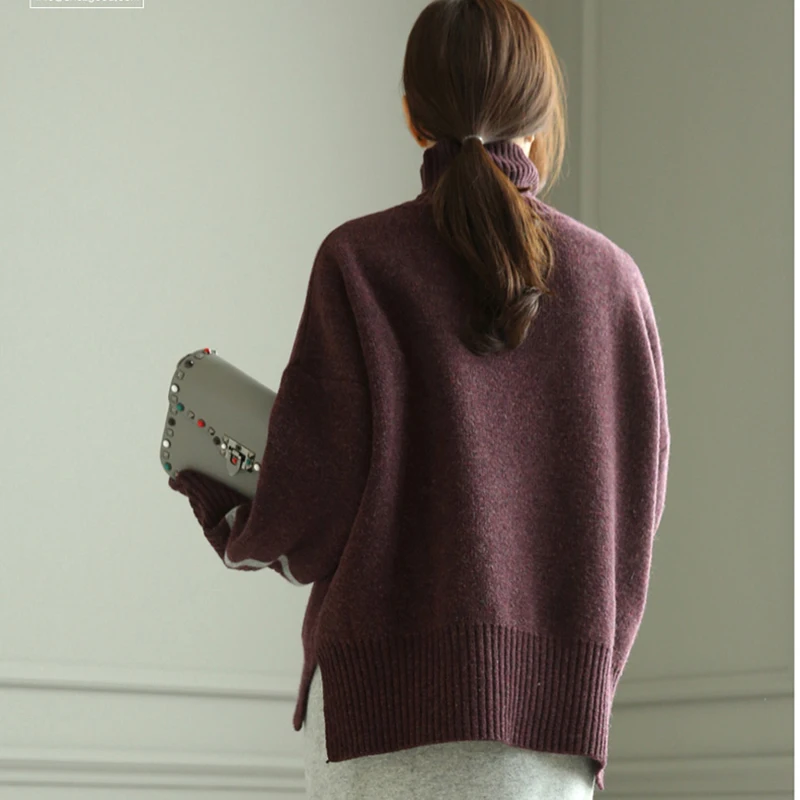 Winter Cashmere Knitted Sweater Female Long Sleeve Split Striped Loose Warm Turtleneck Women Pullovers Plus Size Korean Jumper | Женская
