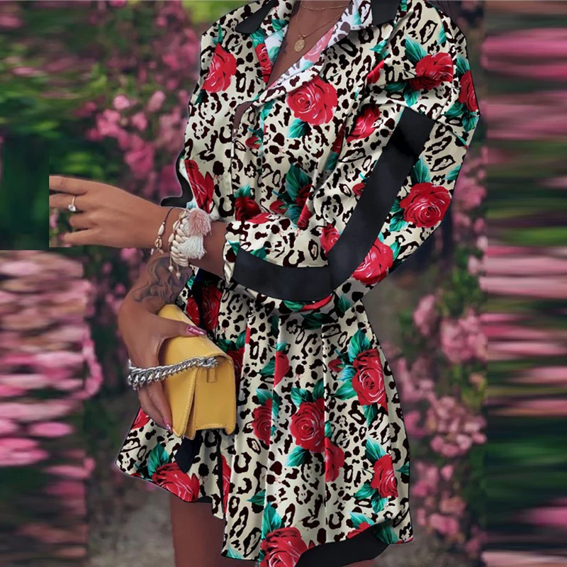 

Autumn Office Lady Zipper Shirt Dress Women Turn-Down Collar Mini Dress Elegant Lantern Sleeve Letter Floral Print Party Dresses