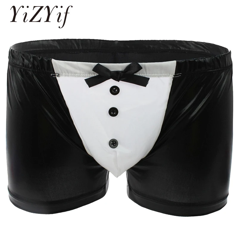 

Men Patent Leather Boxer Underwear with Buttons and Bowknot Sexy Tuxedo Boxer Underwear Gay men Sissy Panties boxers men