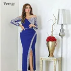 Вечернее платье-Русалка Verngo, синее, с длинными рукавами, бисером, разрезом, для выпускного, из Дубая, на заказ