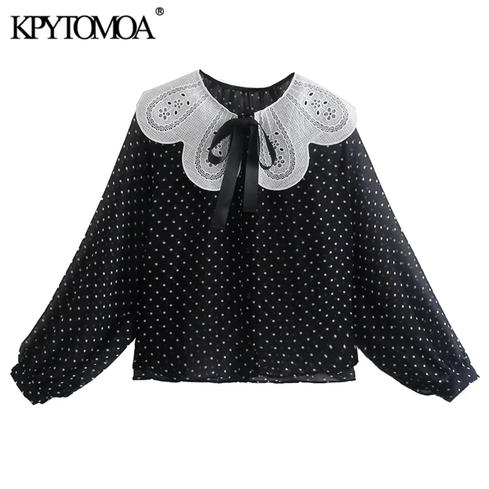 

KPYTOMOA Women Fashion With Tie Polka Dot Semi-sheer Blouses Vintage Peter pan Collar Long Sleeve Female Shirts Chic Tops