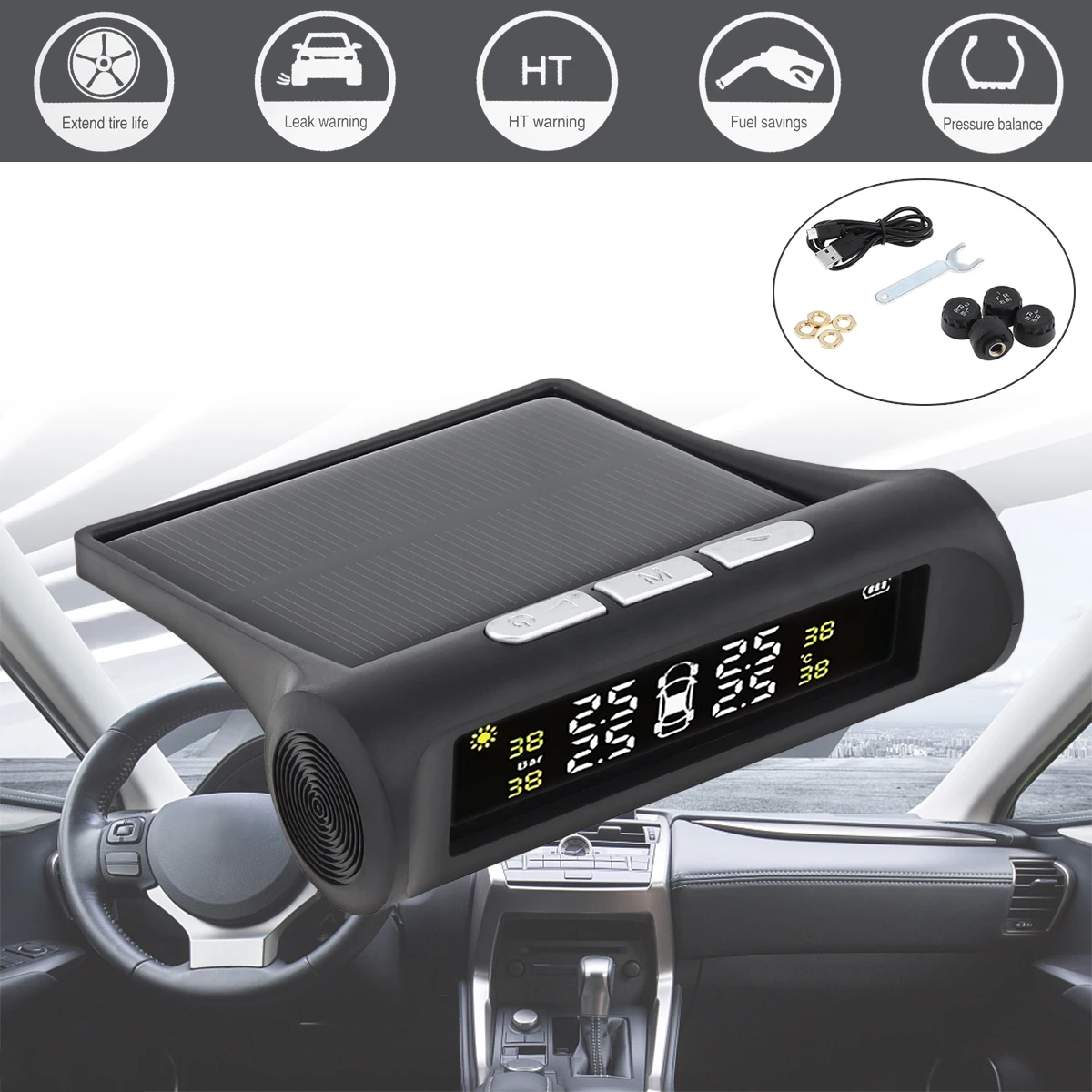 

Smart Car TPMS Tyre Pressure Monitoring System Solar Power Digital LCD Display Auto Security Alarm Systems Tyre Pressure