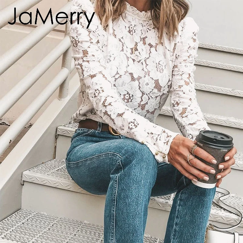 Женская винтажная кружевная блузка JaMerry элегантная белая Просвечивающая офисная