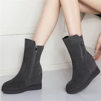 snow winter womens cow suede leather round toe ankle boots platform wedge high heels high top winter oxfords