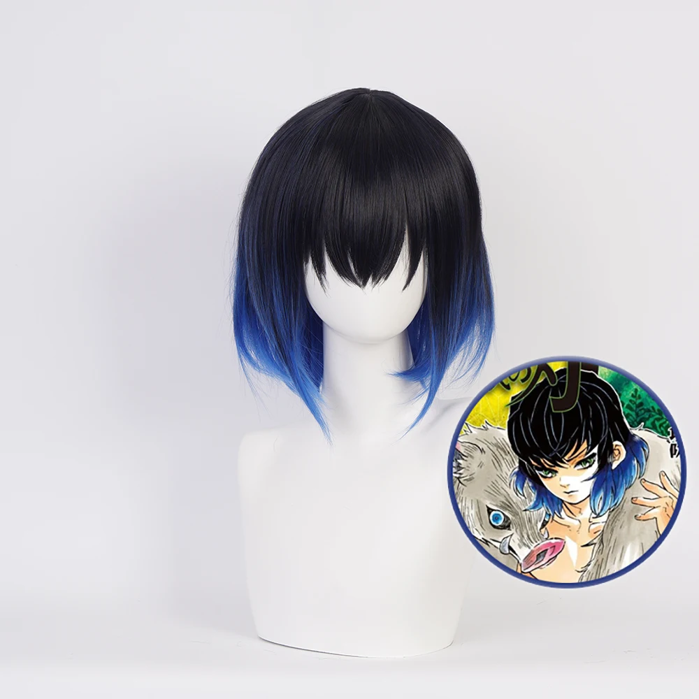 

Hashibira Inosuke Cosplay Wig Demon Slayer Kimetsu no Yaiba Short Blue Heat Resistant Synthetic Halloween Party Hair + Wig cap
