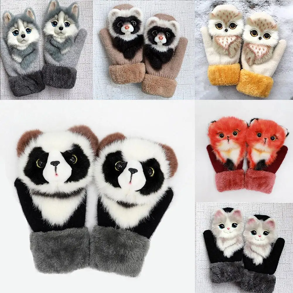 

Детские зимние теплые перчатки с пальцами, животные, кошка, собака, панда, Racoon, милые модные варежки принцессы, Мягкие Длинные Варежки для де...