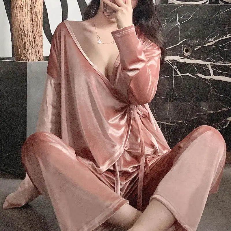 

New women gold velvet pajamas multicolor sexy big V-neck drawstring long-sleeved sexy lace-up blouse trousers home service 2-pi