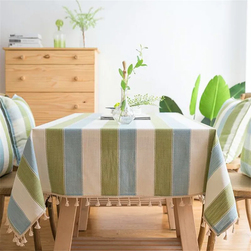 

Striped Waterproof Oil-proof Table Cloth Thickened Cotton Linen Fresh Color Japanese-style Tassel Rectangular Coffee Table Mat