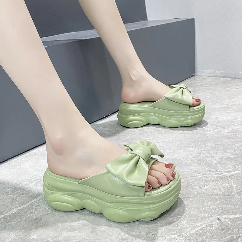 

House Slippers Platform Female Shoes Slides Fashion Butterfly-Knot Women Heels 2021 Flat Luxury Summer High PU Butterfly-knot