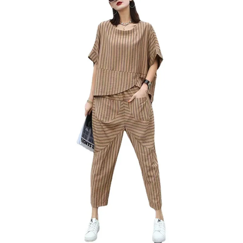 

LANMREM Large Size Striped Top Two-piece Leggings Show Thin Fashion Suit Casual Women's Summer 2021 New Arrival 2K1633