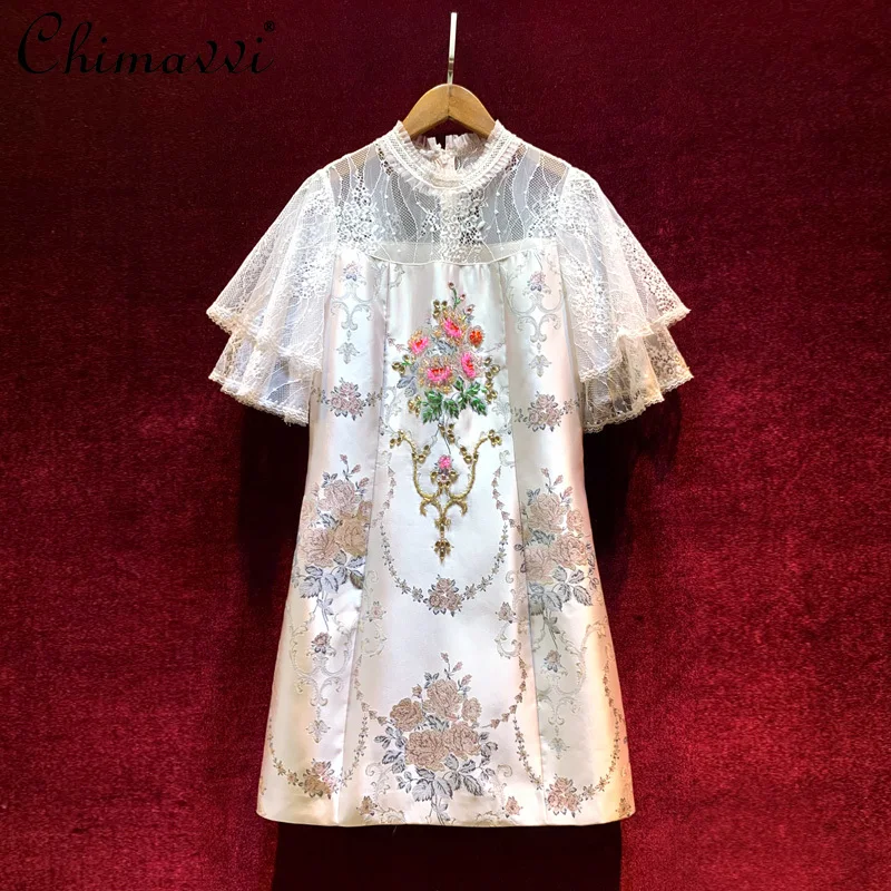 

High-End Printed Dress 2021 Summer New European Style Heavy Beads Slimming Dress Fashion Dignified Luxury Short Dresses Women