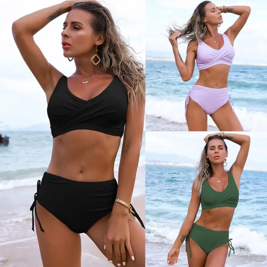 

Women Sexy Bikini Set Solid Color High Waist Ruched Drawstring Swimwear Swimsuits